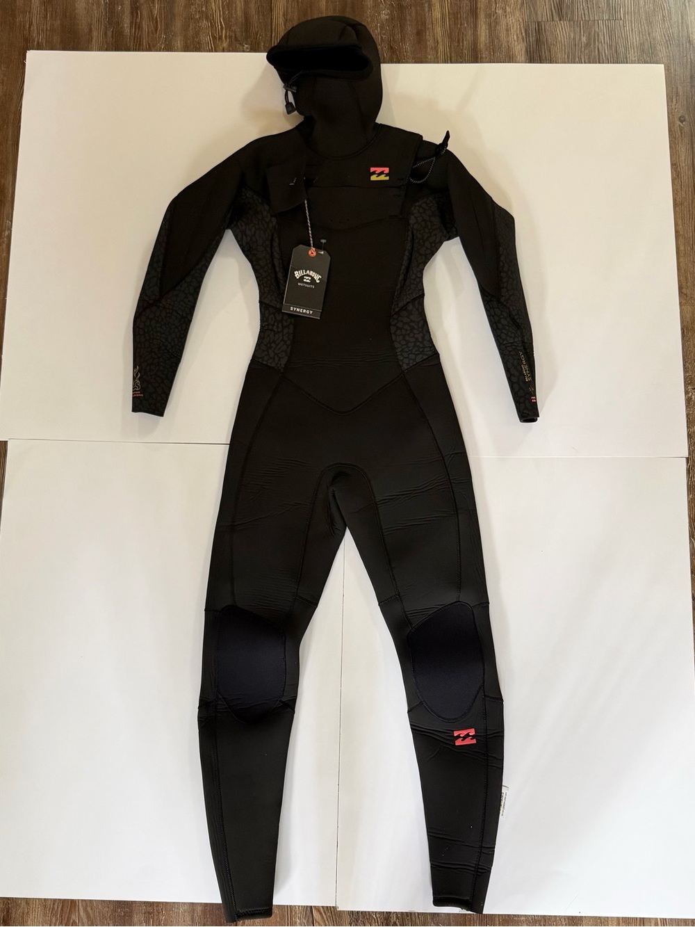 NEW women’s billabong 5/4mm synergy hooded chest zip wetsuit black orange S/4